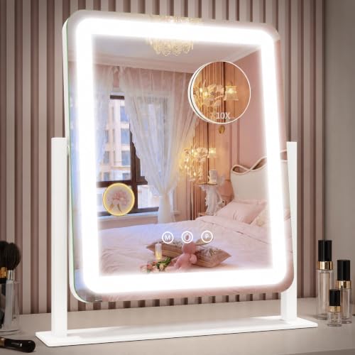 ROLOVE 12.6" x 15" LED Vanity Mirror w/ 3-Color Dimmable Lights & Detachable Magnifying Mirror
