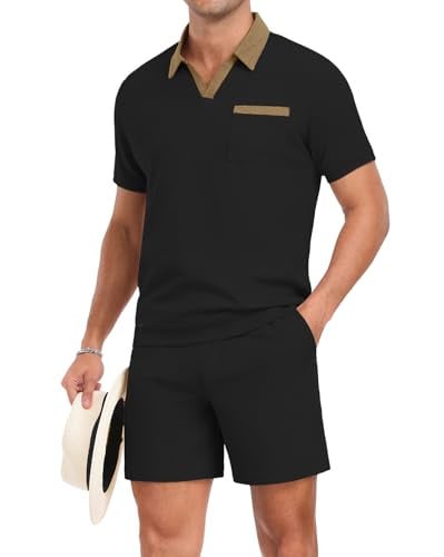 PrinStory Men's Waffle Knit Polo Shirt & Shorts Set Deal