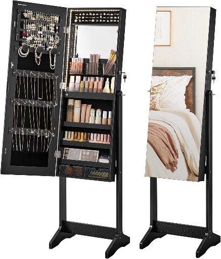 SONGMICS Mirror Jewelry Cabinet Standing Armoire Organizer with Full-Length Frameless LED Lights
