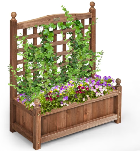 Costway Solid Wood Planter Box with Trellis, Weather-Resistant Outdoor 25”x11”x30”