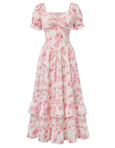(Prime Deal) Scarlet Darkness Women's Floral Puff Sleeve Maxi Ruffled Corset Dress