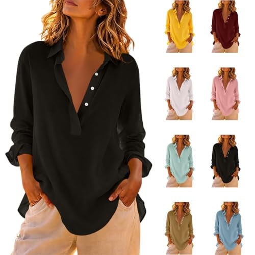 Half Button V Neck Long Sleeve Blouse Deal