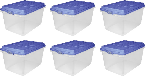 Hefty 72 Qt. Clear Plastic Storage Bin with Blue HI-RISE Lid, 6 Pack