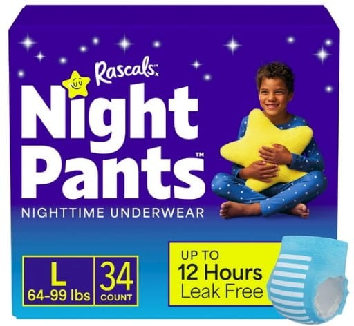 Rascals Night Pants Absorbent Disposable Boys Nighttime Bedwetting Underwear, L (64-99 lbs), 34 Count