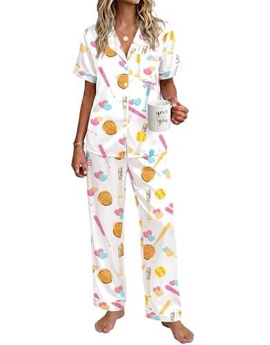Ekouaer Womens Silky Satin Pajamas Set Short Sleeve Button Down Sleepwear 2 Piece Set Deal