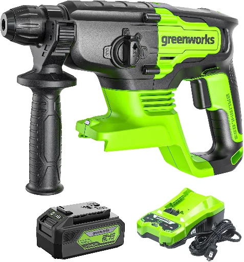 Greenworks 24V SDS-Plus 2J Brushless Rotary Hammer Drill with 4.0Ah Battery and Charger + 50 Piece Impact Rated Driving Set