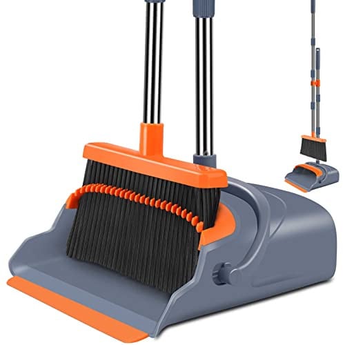 Kelamayi Stand Up Broom Dustpan Set w/ Built-In Comb Scraper & Extendable Pole (Gray/Orange, 38"-50") Deal