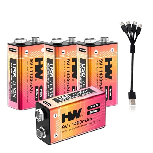 HW 9 Volt 1400mAh Rechargeable Lithium Batteries 4-Pack