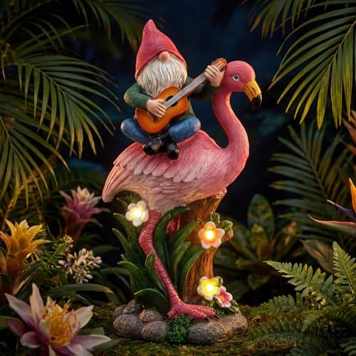 EXYGLO Solar Gnome Garden Statue Decor, 10" Gnome Riding Flamingo Deal