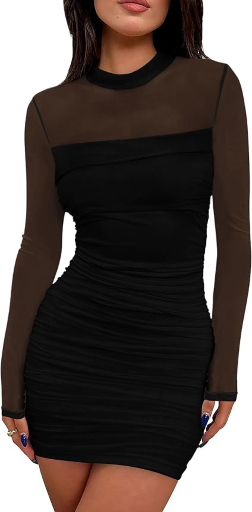 WIHOLL Mesh Sheer Long Sleeve Ruched Dress Deal