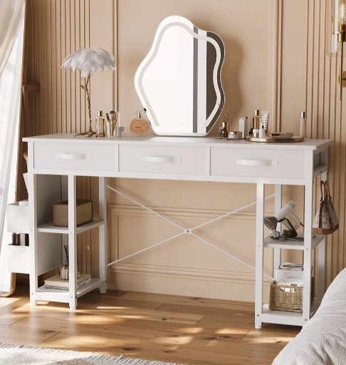 47" 3-Drawers 4-Open Shelf Vanity Desk w/ Fabric Drawers (White)