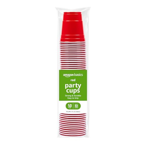 Amazon Basics 9oz Disposable Plastic Party Cups, Red, 50 Count