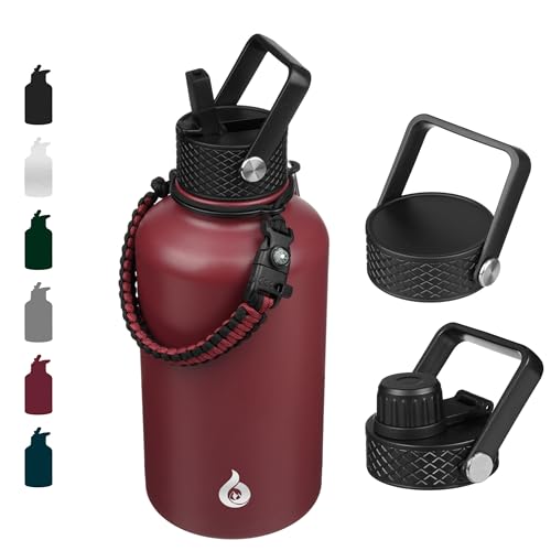 BJPKPK Half Gallon Insulated Water Bottles Lid, 64oz Large Water Jug, Stainless Steel Bottles with 3 Lids and Paracord Handle, Thermo for Hot & Cold Liquid, Brick Red Deal