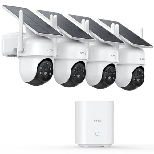 aosu 4-Pack 2K Solar Wireless Outdoor Security Camera System w/ 360° Pan & Tilt, Auto Tracking & 32GB Local Storage