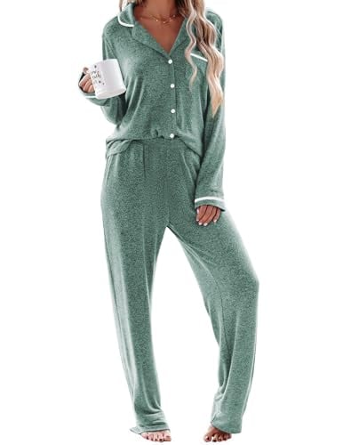 Ekouaer Womens Pajama Sets Long Sleeve Button Down 2 Piece Lounge Set Green