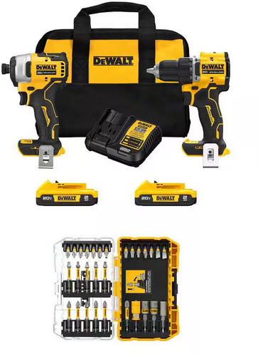 DeWalt ATOMIC 20V MAX Cordless Combo Kit (2-Tool) & 1/4 in. Bit Set (30-Piece) w/ (2) 2Ah Batteries Deal