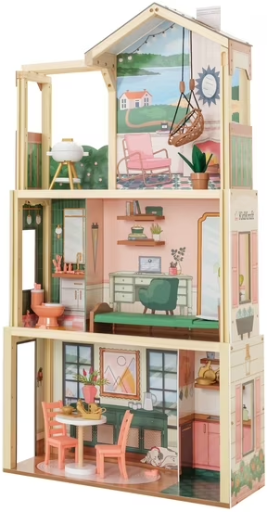 Click & Play Fully Assembled Pop-Up Wooden Dollhouse w/ 50 Accessories
