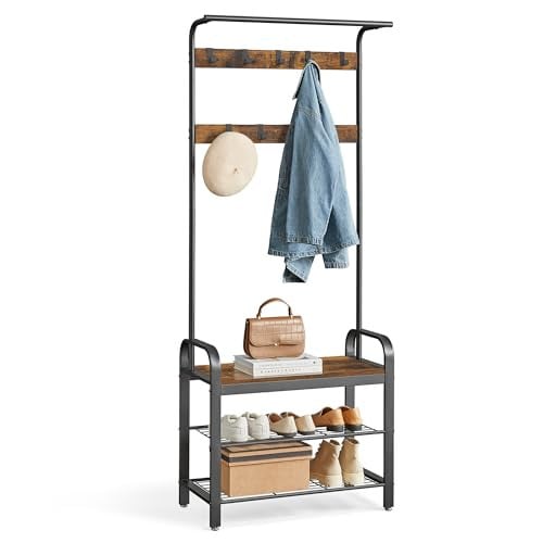 VASAGLE Coat Rack Hall Tree with Shoe Bench Rustic Brown and Black