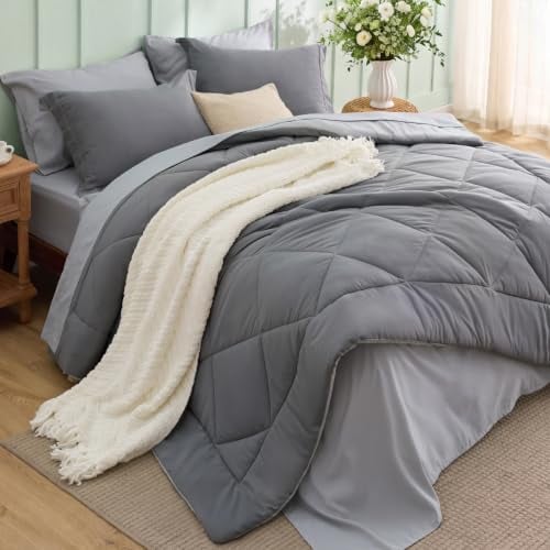 7-Piece Bedsure Queen Reversible Bed-in-a-Bag Set w/ Comforter, Sheets, Pillowcases & Shams (Grey/Light Grey) Deal