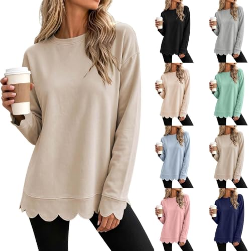 Crewneck Oversized Scalloped Pullover Tops