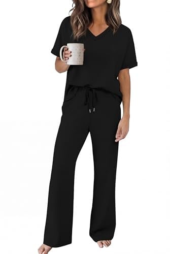 2-Piece Sampeel Women's V-Neck Short Sleeve Top & Wide Leg Pants Lounge Set Deal