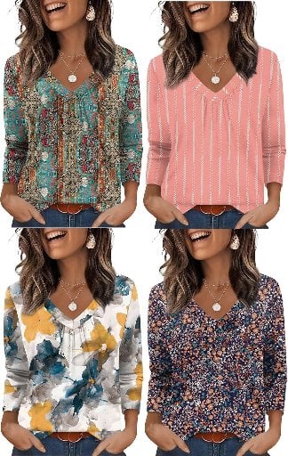 3/4 Length Sleeve Womens Pleated V Neck Tops Deal