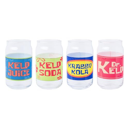 Silver Buffalo Spongebob Squarepants Soda Labels Pint Can Glass Set 4-Pack
