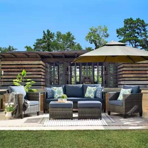 OVIOS New Vultros Gray 5-Piece Wicker Outdoor Patio Seating Set with Blue Cushions Deal