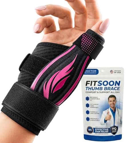 FITSOON Thumb Splint Brace w/ 3 Adjustable Straps (Pink/Black, S/M)