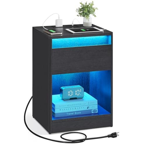 VASAGLE LED Nightstand w/ Charging Station & Drawer