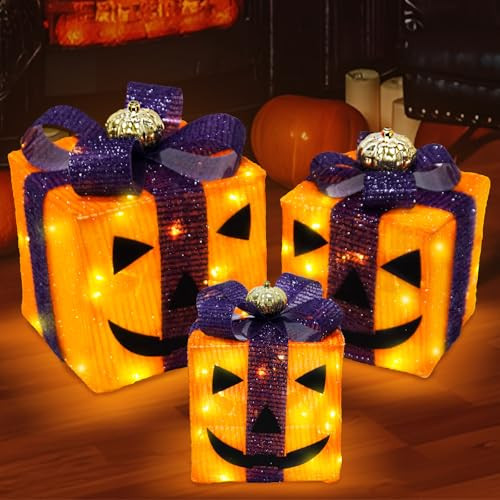 3 Pack Lighted Gift Boxes Outdoor Halloween Orange and Purple