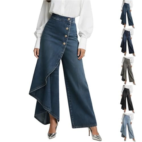 High Waist Asymmetrical Hem Flared Denim Pants with Pockets Deal