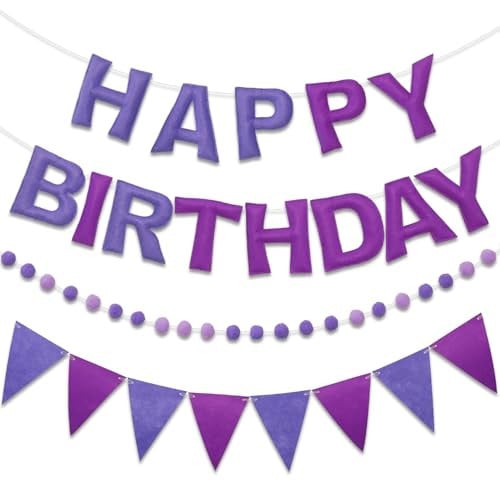 LITAUS Pre-Strung Happy Birthday Banner & Felt Garland Set Purple
