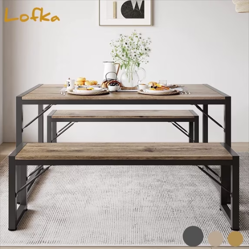 Lofka 3-Piece Breakfast Nook Dining Table Set for 4 with Two Benches Gray Board