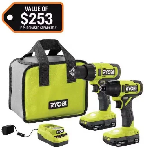 RYOBI ONE+ 18V Cordless 2-Tool Combo Kit w/ Drill/Driver, Impact Driver, 2 Compact Batteries & Charger Deal