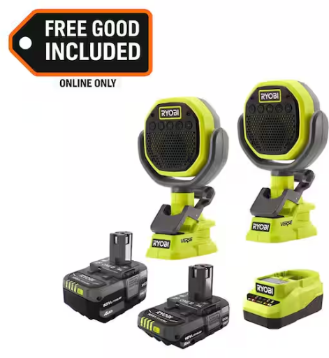 RYOBI ONE+ 18V Lithium-Ion Starter Kit w/ 2.0 Ah Battery, 4.0 Ah Battery, Charger and FREE 2-Pack ONE+ VERSE Clamp Speaker