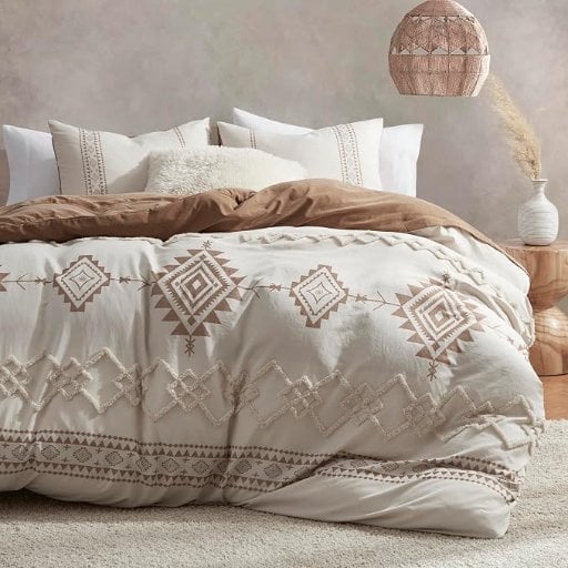 Boho Queen Duvet Cover Set, Beige; Terracotta, 3 Pieces Deal