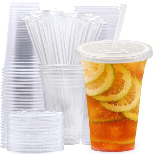 20 Oz Clear Plastic Cups with Lids and Straws 25-Pack