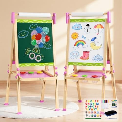 Doselie Adjustable Double-Sided Magnetic Wooden Kids Art Easel w/ Paper Roll (Green) Deal