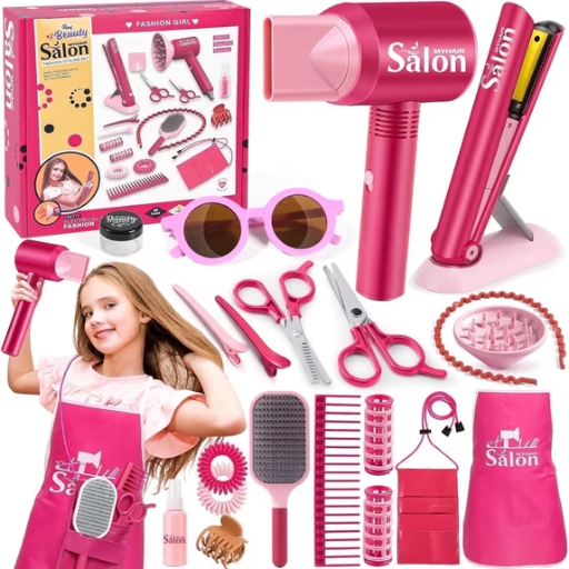 Adofi Girls Hair Salon Toys, 22-Piece Pretend Play Set with Blow Dryer and Straightener