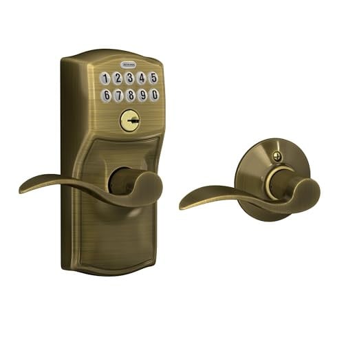 Schlage Camelot Keypad Lock with Lever Handle, Electronic Keyless Door Entry, Auto‑Lock Enabled, Antique Brass, FE575 CAM 609 ACC Deal