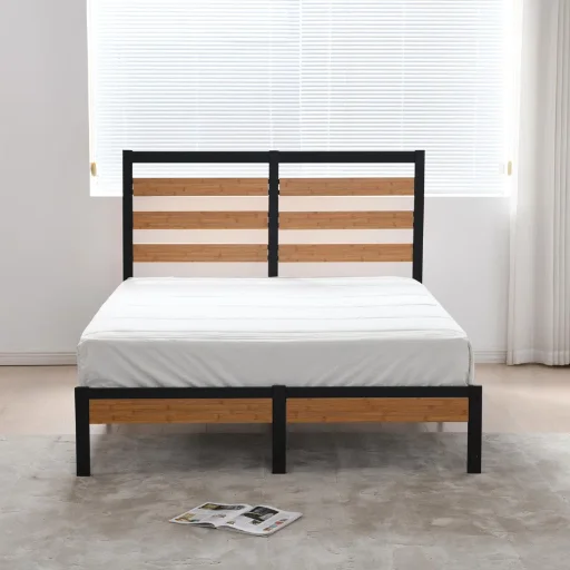 17 Stories Mayghan Queen Platform Bed Frame w/ Wooden Headboard & Footboard (Black/Bamboo) Deal