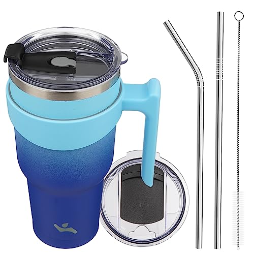 40-Ounce Konokyo Insulated Stainless Steel Tumbler w/ Handle, 2 Lids, 2 Straws (Sky Blue) Deal