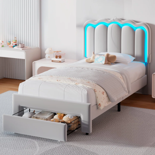 Daphne Upholstered LED Bed Frame w/ Drawer & Adjustable Headboard (King Size)