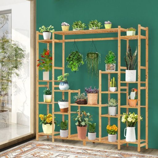 Costway 9-Tier Bamboo Plant Stand w/ Hanging Rack Deal