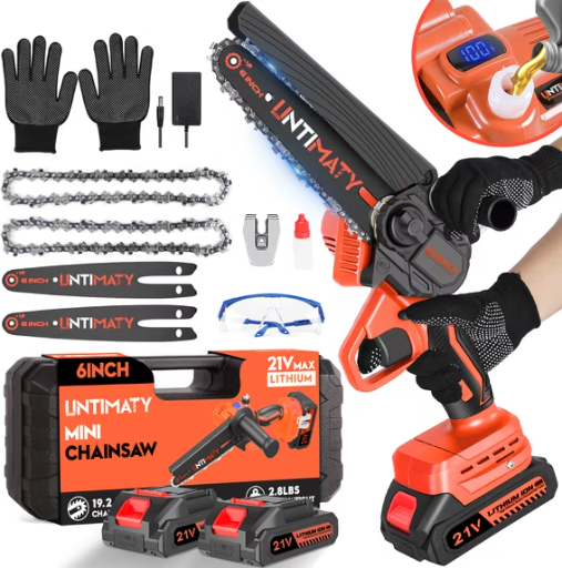 UNTIMATY 6-Inch 21V Cordless Mini Electric Chainsaw with 2 Batteries & Chains