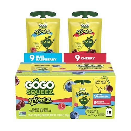 GoGo squeeZ No Sugar Added Variety Pack Blue Raspberry and Cherry SlymeZ Fruit Gel On The Go 18 Count
