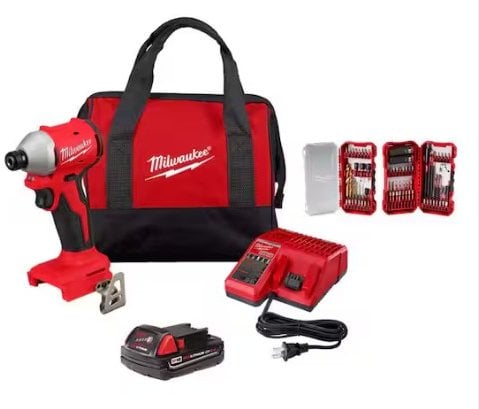 Milwaukee M18 18V Compact Brushless 1/4 in. Impact Driver Kit 2.0Ah Battery with SHOCKWAVE 75-Pc