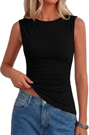 PRETTYGARDEN Women's Boat Neck Ruched Sleeveless Tank Top
