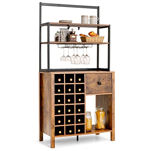 Giantex 64" 3-Tier 18 Bottle Wine Bar Cabinet Rustic Brown